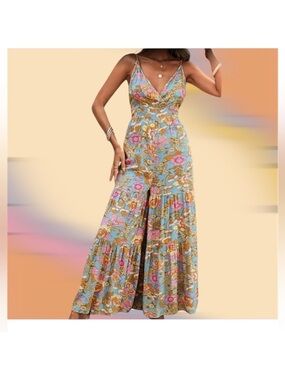 SHEIN Blue Floral Tiered Maxi Jumpsuit